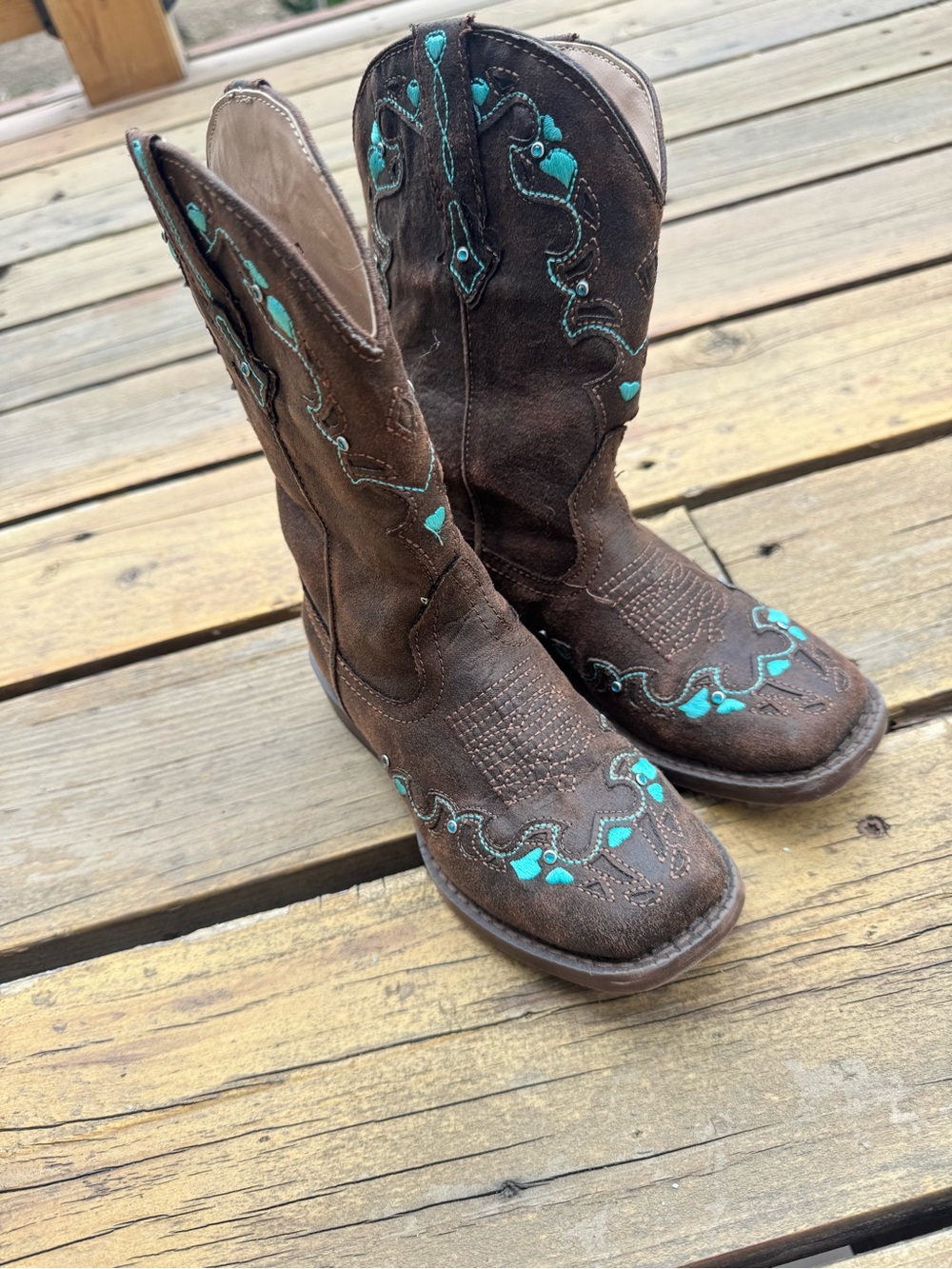 Roper Brown Suede Kids Cowboy Boots with Turquoise Accents